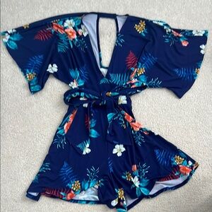 Express Blue Hawaiian Print Floral Open Back Romper